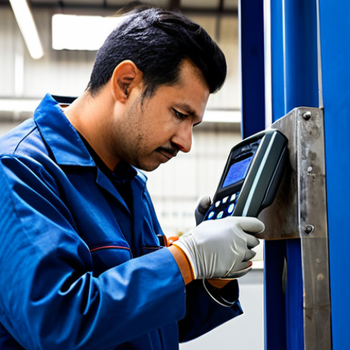 **

"A technician in a fully clothed professional uniform uses an ultrasonic testing device to inspect a weld on a large metal structure, appropriate attire, safe for work, perfect anatomy, correct proportions, natural pose, emphasizing precision and attention to detail, industrial setting, well-lit, high-quality image, professional, modest, family-friendly."

**